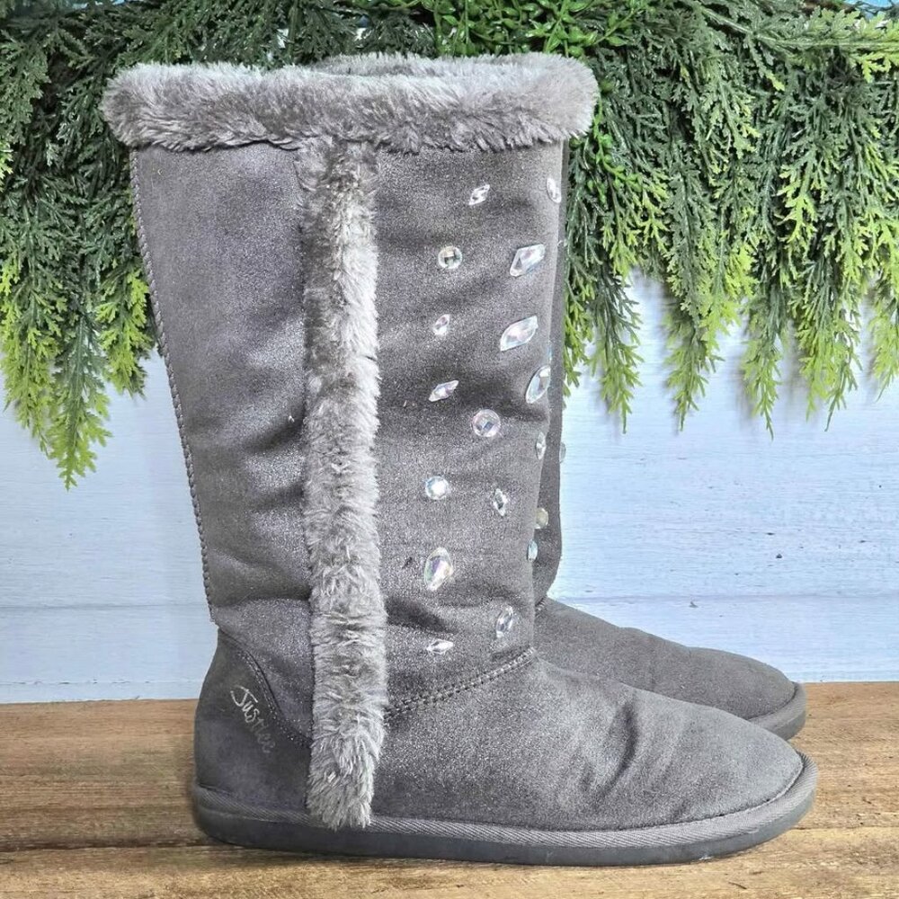 Size 9 Gray Jewel Faux Fur Shimmer Justice Boots